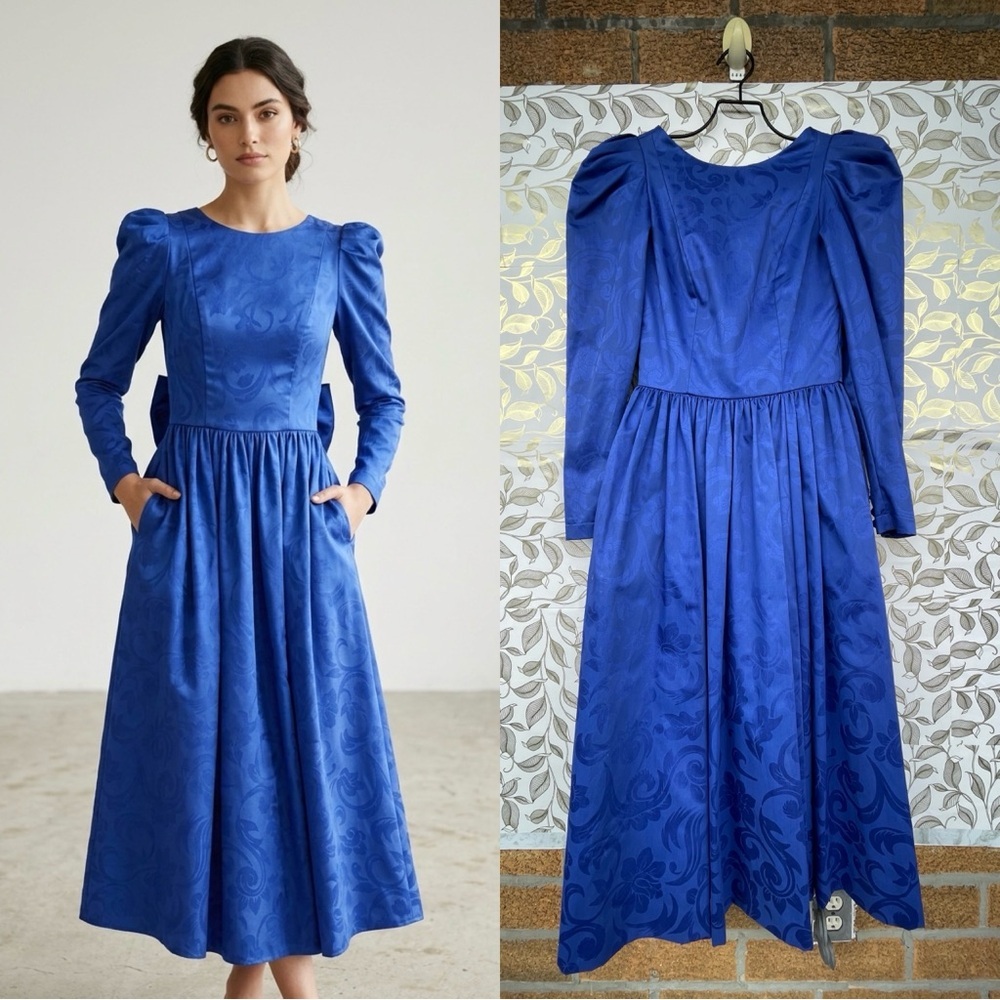 Vtg Laura Ashley Blue Damask Puff Sleeve Dress Bow Back Pockets Regency Cottage